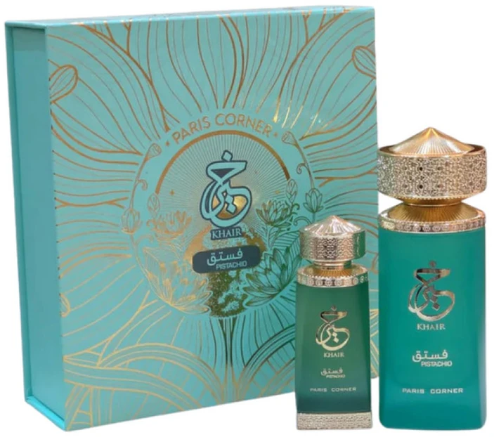Set Paris Corner: Khair Pistachio Eau De Parfum Unisex, 100 ml + Khair Pistachio Dezodorantas Purškiklis For Women, 200 ml