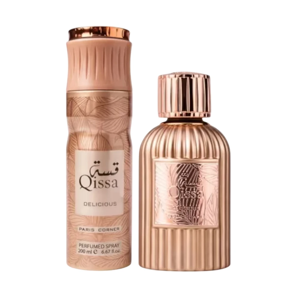 Set Paris Corner: Qissa Delicious Eau De Parfum For Women, 100 ml + Qissa Delicious Dezodorantas Purškiklis For Women, 200 ml
