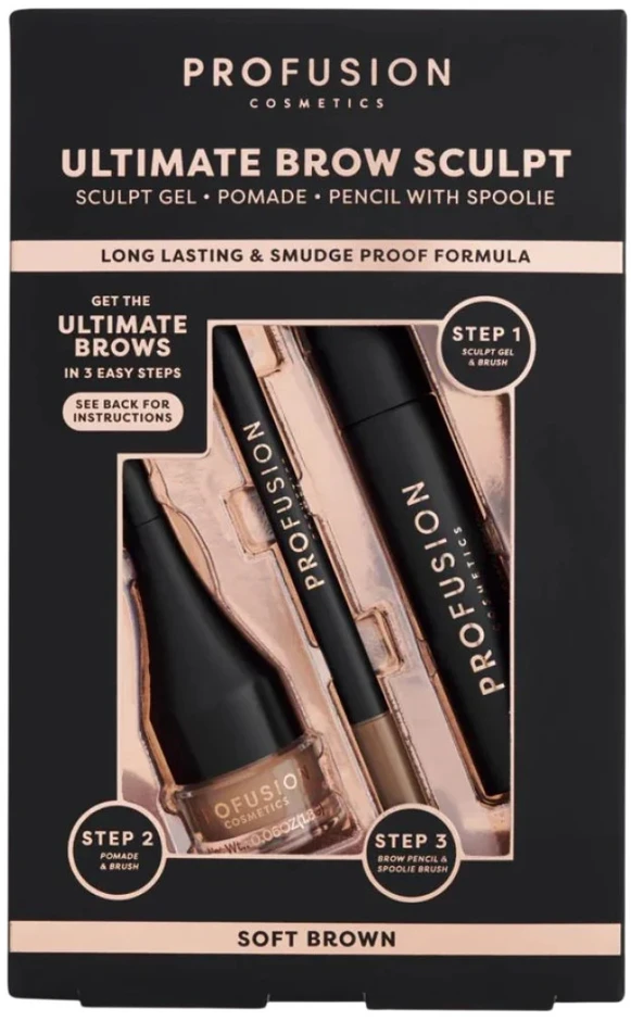 Set Profusion Cosmetics: Ultimate Brow Sculpt Eyebrow Gel Soft Brown 1.8 g + Ultimate Brow Sculpt Defining Eyebrow Kreminis Pieštukas & 2-In-1 Soft Brown 0.07 g + Ultimate Brow Sculpt Eyebrow Pomade Soft Brown, 4 ml