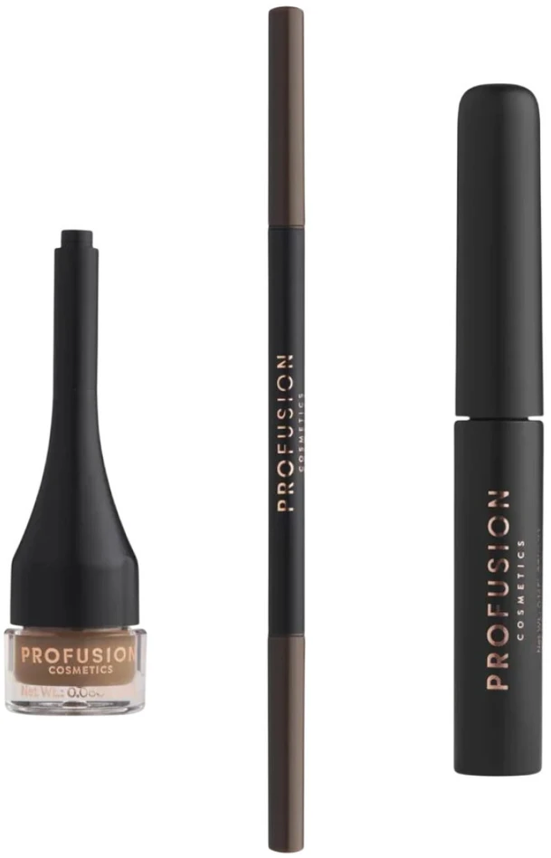 Set Profusion Cosmetics: Ultimate Brow Sculpt Eyebrow Pomade Dark Brown, 4 ml + Ultimate Brow Sculpt Defining Eyebrow Kreminis Pieštukas & 2-In-1 Dark Brown 0.07 g + Ultimate Brow Sculpt Eyebrow Gel Dark Brown 1.8 g