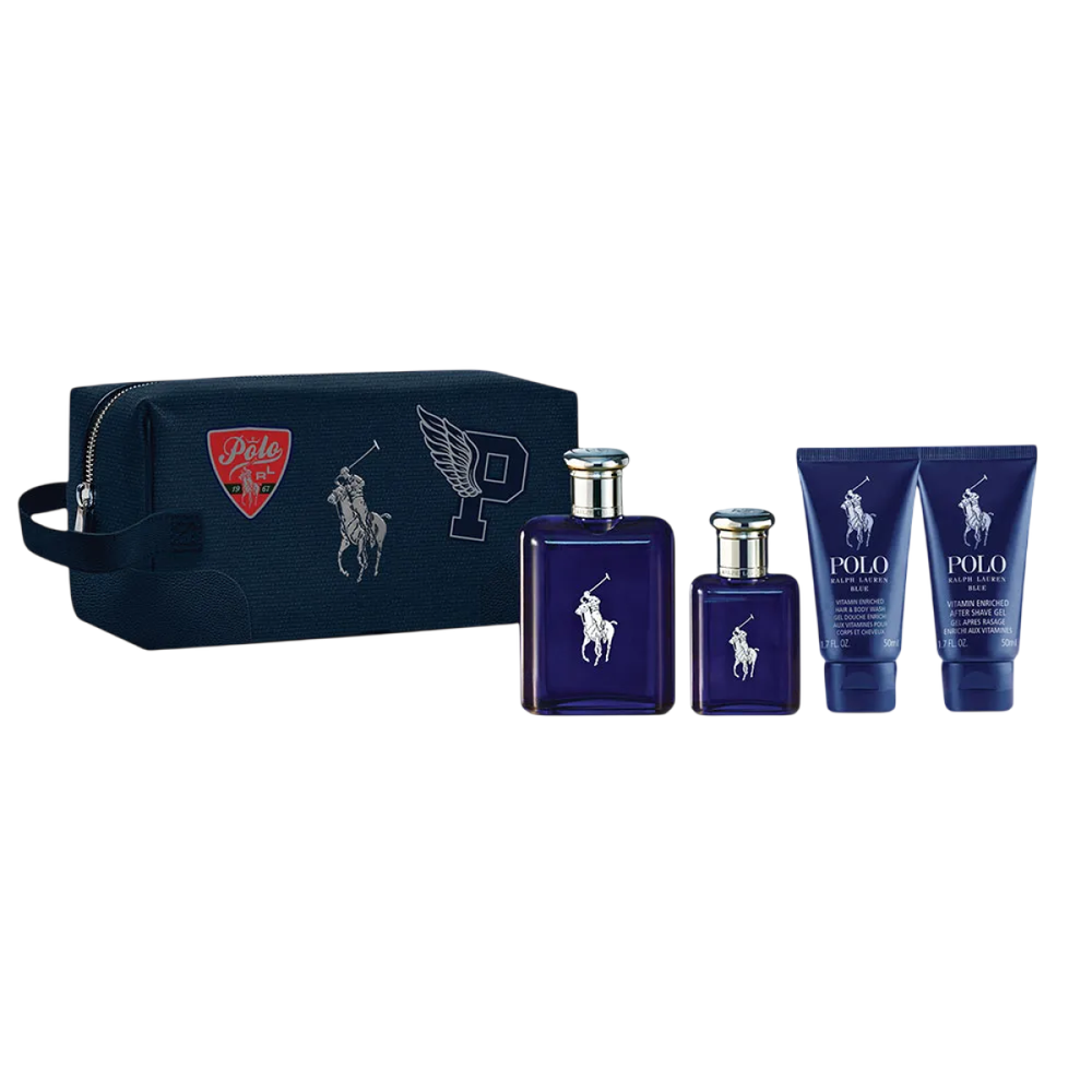 Set Ralph Lauren: Polo Mėlyna Eau De Toilette For Men, 125 ml + Polo Mėlyna Eau De Toilette For Men, 40 ml + Polo Mėlyna Dušo želė & Šampūnas 2-In-1, 50 ml + Polo Mėlyna Moisturizing After-Shave Balm, 50 ml