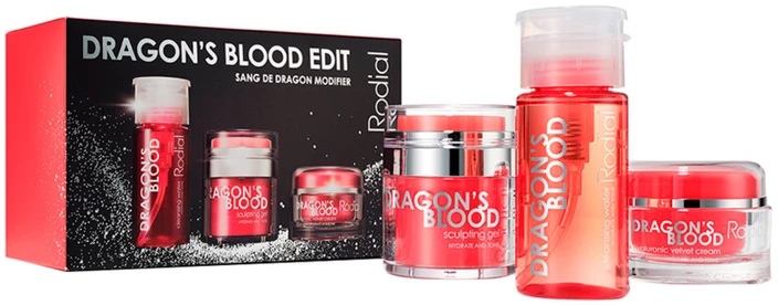 Rinkinys „Rodial“: „Dragon's Blood“ intensyviai drėkinamasis kremas veidui, 50 ml + „Dragon's Blood“ skulptūrinis gelis veidui, 50 ml + „Dragon's Blood“ valomasis micelinis vanduo visiems odos tipams, 100 ml