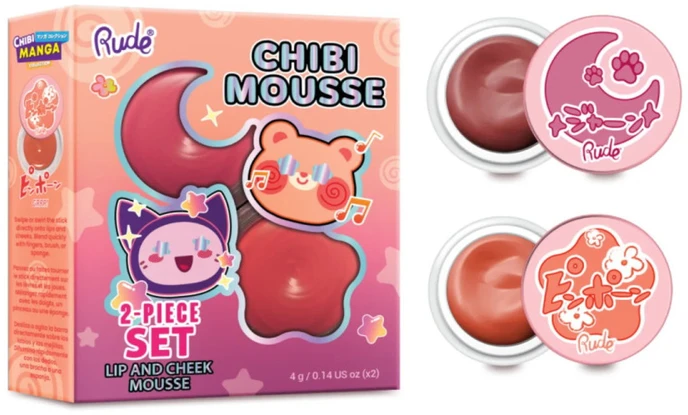 Set Rude Cosmetics: Chibi Mousse Lip & Cheek Balm 2-In-1 Tada!, 4 g + Chibi Mousse Lip & Cheek Balm 2-In-1 Fuzzy, 4 g