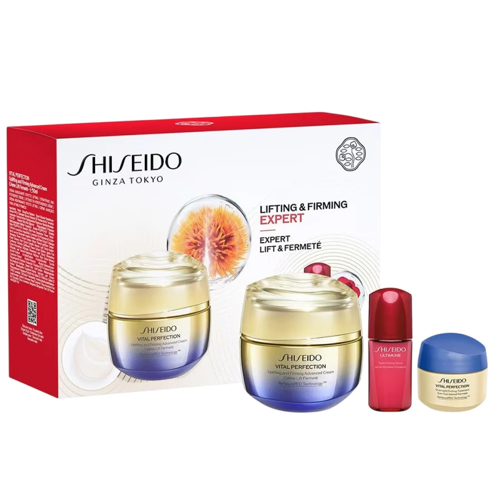 Rinkinys „Shiseido“: „Vital Perfection Uplifting & Firming“ veido kremas, 50 ml + „Vital Perfection Firming Overnight“ veido kremas, 15 ml + „Ultimune Power Infusing“ serumas veidui, 10 ml