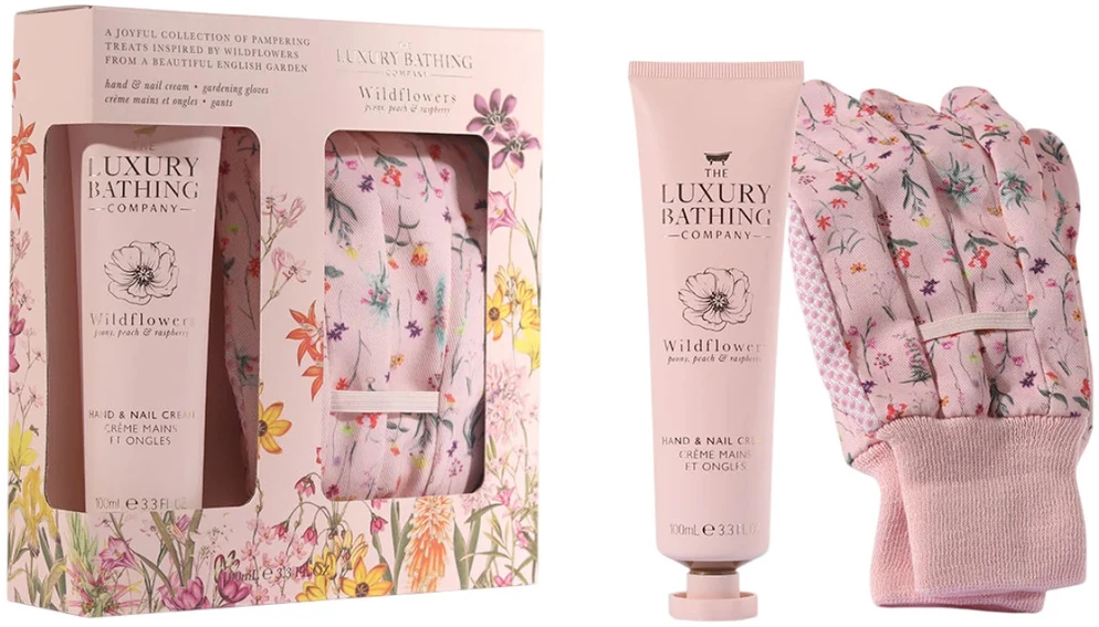 Set The Luxury Bathing Company: Wildflowers Moisturizing Hand Kreminis, 100 ml + Wildflowers Gardening Synthetic Gloves For Women, 2 vnt.