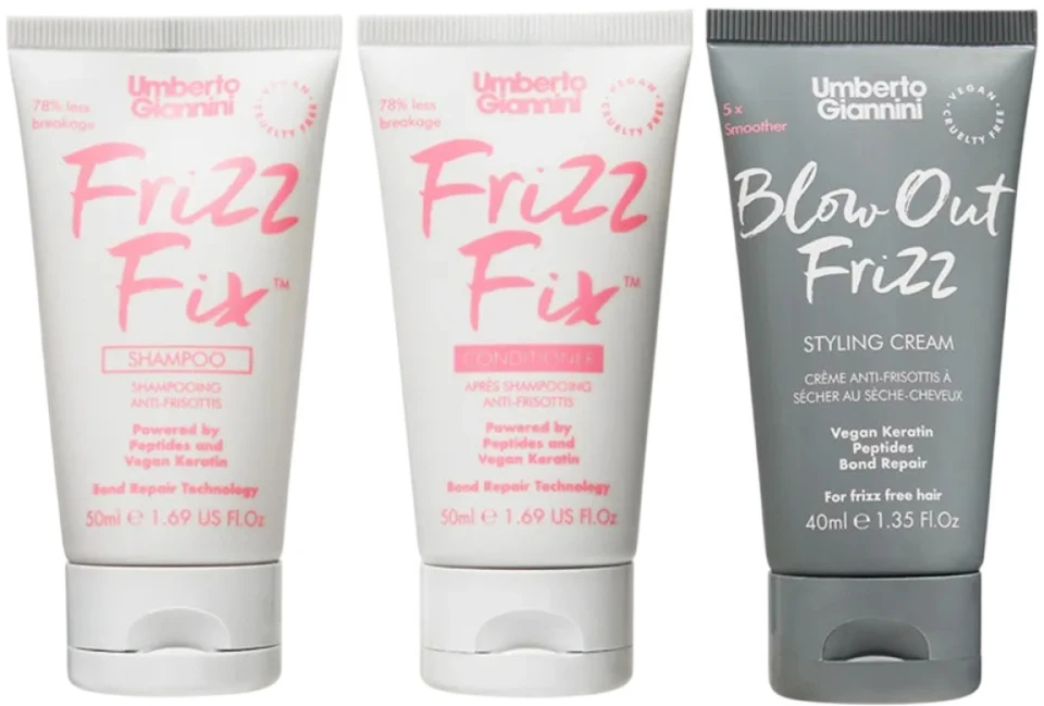 Set Umberto Giannini: Frizz Fix Hair Šampūnas Minkštinantis ir glotninantis & Repairing, 50 ml + Frizz Fix Hair Conditioner Minkštinantis ir glotninantis & Repairing, 50 ml + Blow Out Frizz Hair Styling Kreminis, 40 ml