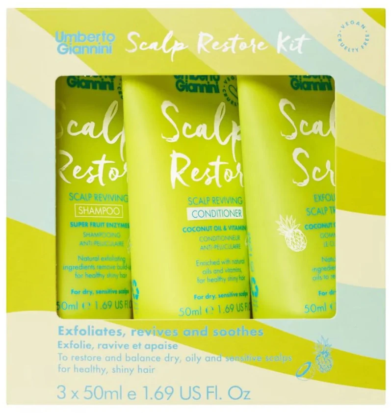 Set Umberto Giannini: Scalp Restore Vegan & Cruelty-Free Hair Conditioner Nuo pleiskanų & Soothing, 50 ml + Scalp Restore Vegan & Cruelty-Free Hair Šampūnas Nuo pleiskanų & Scalp Care, 50 ml + Umberto Giannini Scalp Scrub Gentle Exfoliation, 50 ml