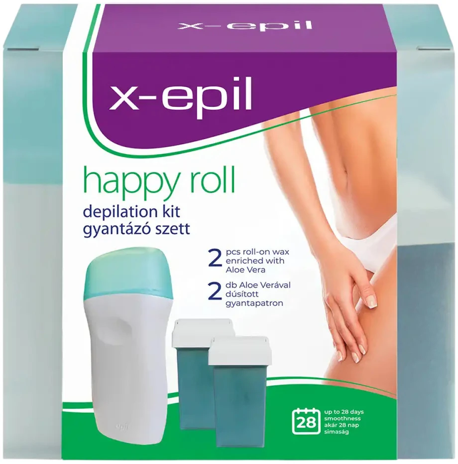 Set X-Epil: Happy Roll Aloe Vera Silky Finish Depilatory Wax Refill Body, 2 vnt., 50 ml + Happy Roll Aloe Vera Silky Finish Depilatory Wax Papildomas Body, 50 ml + X-Epil Hair Removal Wax Strips For Legs, 10 vnt.