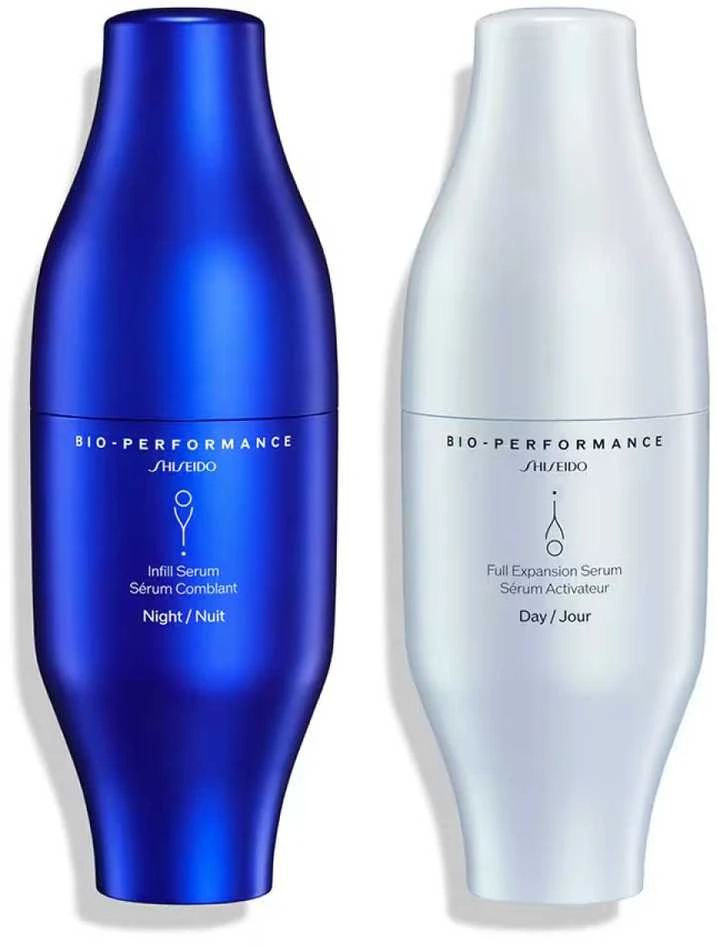 Rinkinys „Shiseido“: „Bio-Performance Infill Anti-Aging Night Serum for Facial“, 30 ml + „Bio-Performance Full Expansion Anti-Aging Day Serum for Facial“, 30 ml