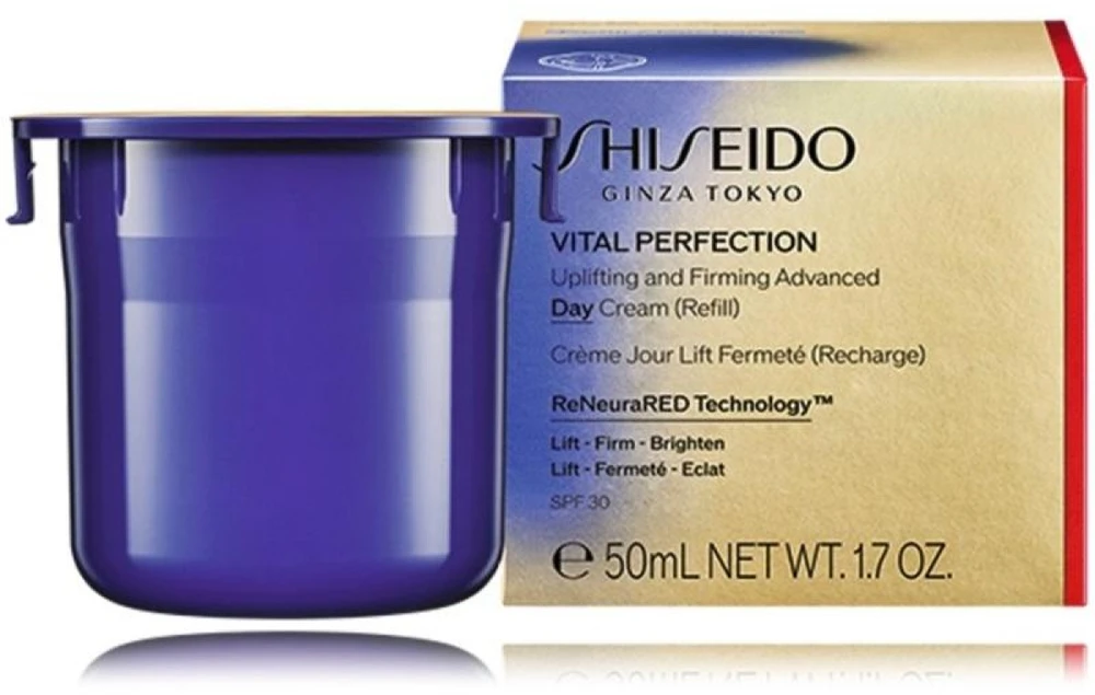 Shiseido Vital Perfection Uplifting & Firming Advanced Day Kreminis Refill stangrinačio veido kremo sausai ir normaliai odai papildymas, 50 ml