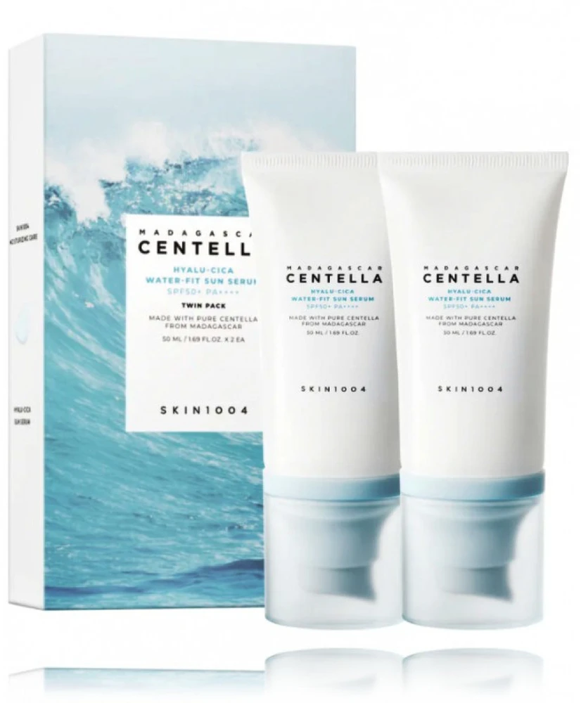 SKIN1004 Madagascar Centella Hyalu-Cica Vanduo-Fit Sun Serumas SPF 50+ apsauginis veido kremas nuo saulės, 2 x 50 ml