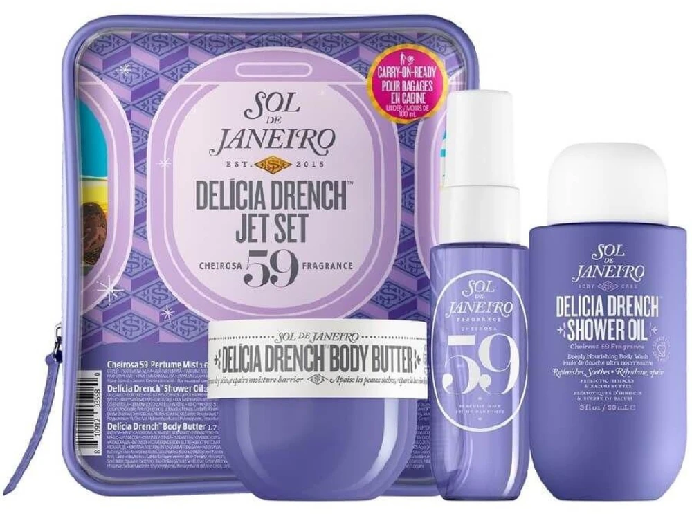 Sol De Janeiro Delicia Drench Jet Set kūno priežiūros rinkinys (dušo aliejus, 90 ml + kūno sviestas, 50 ml + kūno dulksna, 30 ml)