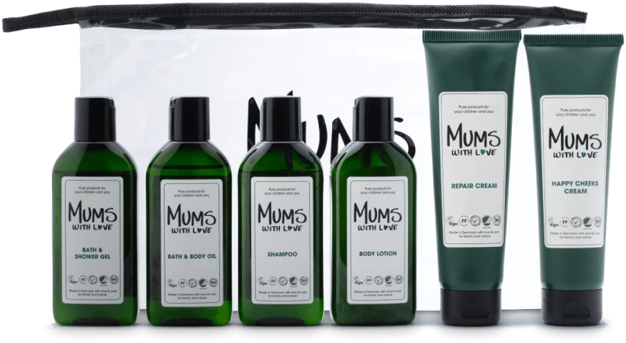Starter Kit Set Mums With Love: Mums With Love Hydrating Losjonas kūnui, 100 ml + Mums With Love Hair Šampūnas For Cleansing, 100 ml + Mums With Love Dušo želė For All Skin Types, 100 ml + Mums With Love Cleansing Bath Oil, 100 ml + Happy Cheeks Repairing Cr