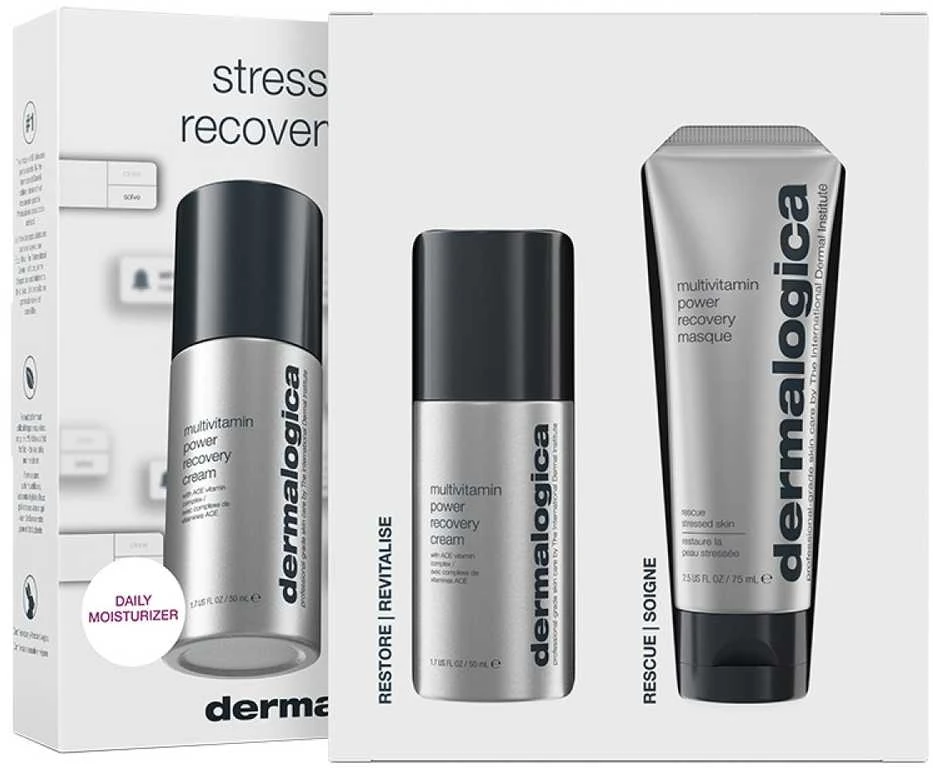Streso paveiktos odos atkūrimo sistemos rinkinys „Dermalogica“: multivitaminų „Power Recovery“ kreminis veidui, 50 ml + multivitaminų „Power Recovery“ antistresinė kreminio kaukė veidui, 75 ml