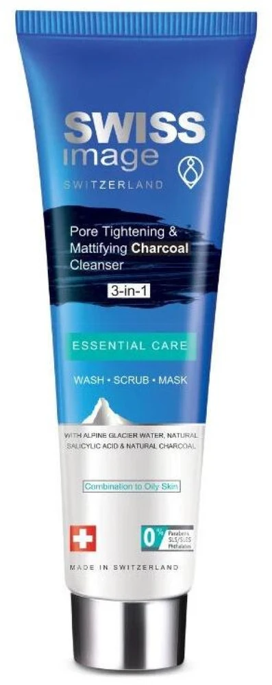 Swiss Image Essential Care Pore Tightening & Mattifying Charcoal Valiklis 3in1 daugiafunkcė priemonė mišriai ir riebiai veido odai, 100 ml
