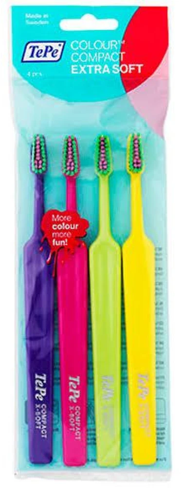 TePe Colour Compact Dantų šepetėlis Extra Soft itin minkšti dantų šepetėliai, 4 vnt. (spalva gali skirtis)