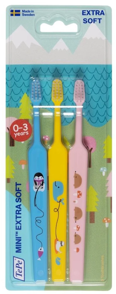 TePe Mini Dantų šepetėlis Extra Soft itin minkšti dantų šepetėliai 0-3 metų vaikams, 3 vnt.