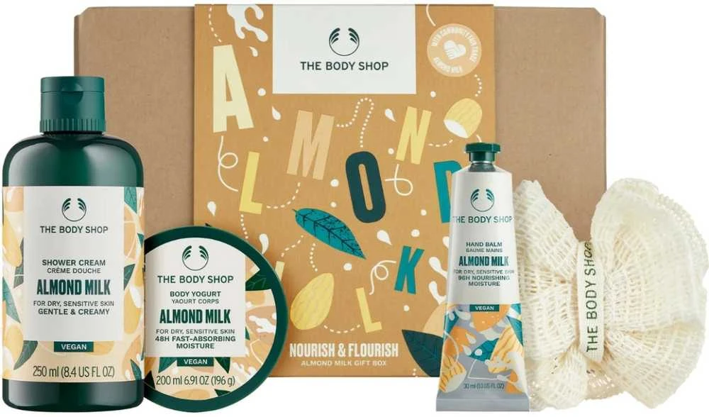 „The Body Shop“ migdolų pieno kūno priežiūros dovanų rinkinys