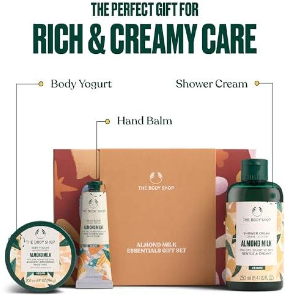 The Body Shop Almond Milk Essentials Giftset kūno priežiūros rinkinys (dušo želė, 250 ml + kūno jogurtas,200 ml + rankų balzamas, 30 ml)