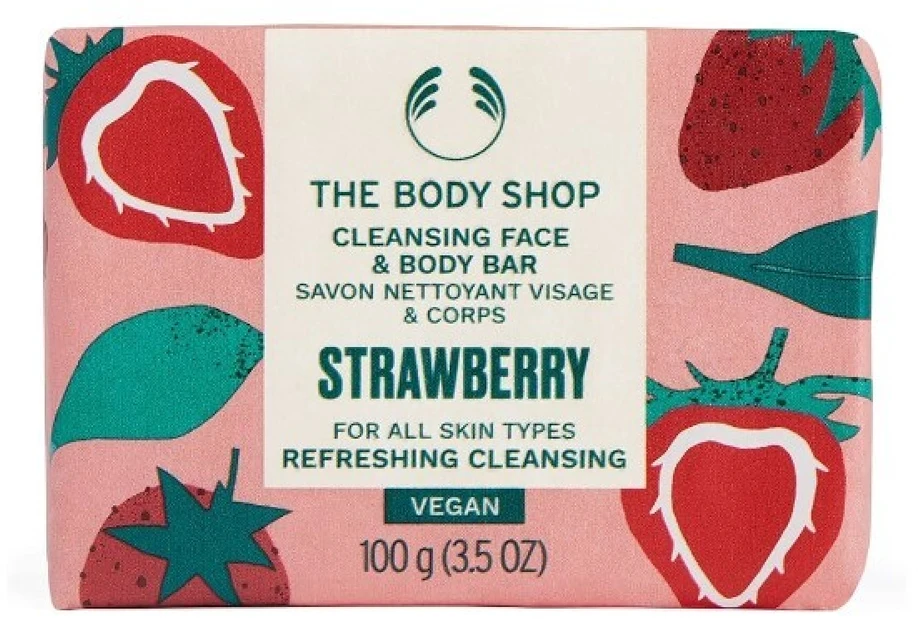 „The Body Shop“ kietas veido ir kūno muilas su braškių skoniu (valomasis veido ir kūno muilas) 100 g