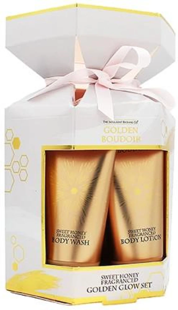 The Indulgent Bathing Co. Golden Boudoir Set kūno priežiūros rinkinys (kūno prausiklis, 50 ml + kūno losjonas, 50 ml + kempinė)