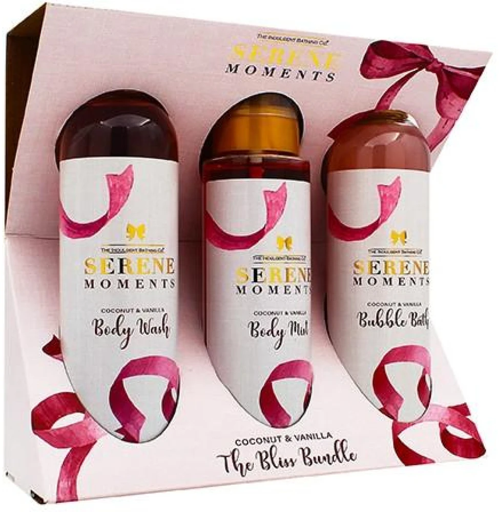 The Indulgent Bathing Co. Serene Moments Set kūno priežiūros rinkinys (dušo želė, 240 ml + vonios putos, 240 ml + kūno dulksna, 200 ml)