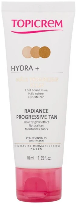 Topicrem HYDRA+ Radiance Progressive Tan drėkinantis savaiminio įdegio kremas jautriai veido odai, 40 ml