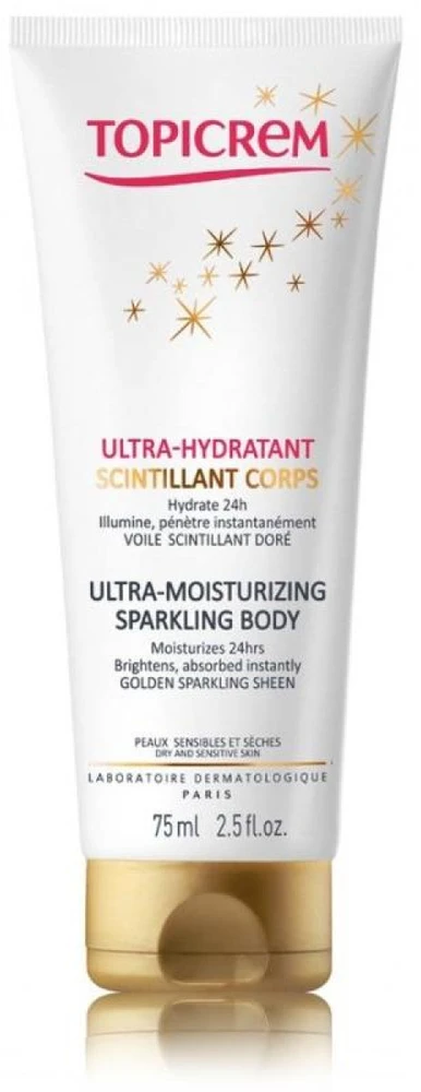 Topicrem Ultra-Moisturizing Sparkling Losjonas kūnui spindesio suteikiantis drėkinamasis kūno losjonas, 75 ml