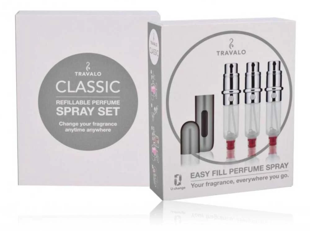 Travalo Classic HD SET Sidabrinis pildomų kvepalų buteliukų (atomaizerių) rinkinys, 3 x 5 ml