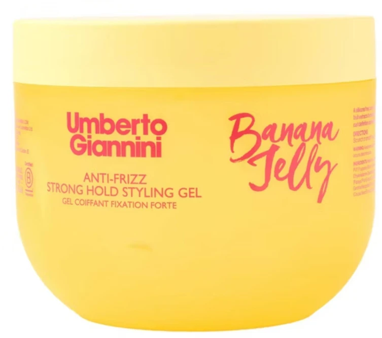 Umberto Giannini Banana Jelly Hair Styling Gel Minkštinantis ir glotninantis & Curl Definition Strong, 475 ml