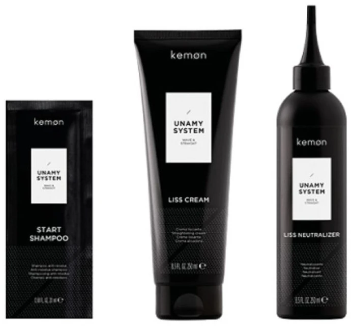 Unamy System Liss Set Kemon: Start Hair Šampūnas, 20 ml + Liss Kreminis Hair Treatment Kreminis Mask, 250 ml + Liss Neutralizer Hair Treatment Lotion Mask, 250 ml