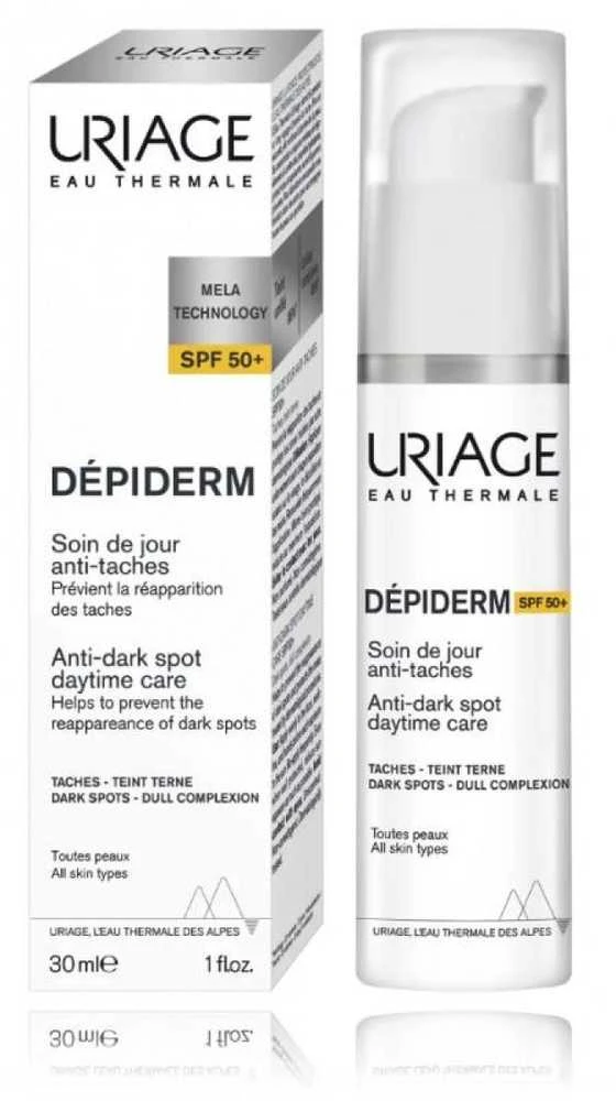 "Uriage" Odos kremas nuo pigmentinių dėmių SPF 50+ "Depiderm" (dieninė priežiūra nuo tamsių dėmių) 30 ml