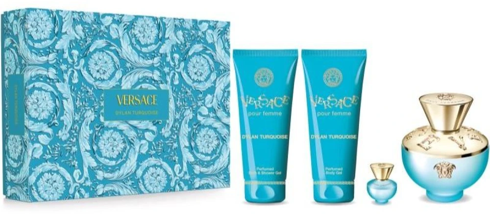 Kvepalų rinkinys moterims Versace Dylan Torquoise (EDT, 100 ml + kūno gelis, 100 ml + dušo želė, 100 ml + EDT miniatiūra, 5 ml)