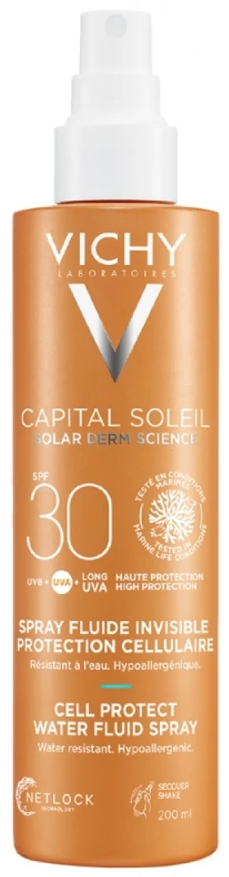 "Vichy Capital Soleil Invisible Fluid Purškiklis Spf30 apsauga nuo saulės veidui ir kūnui atspari vandeniui 200ml
