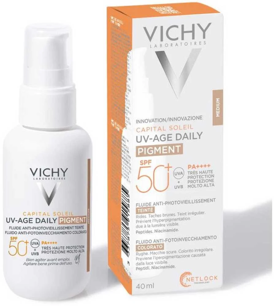 Vichy Capital Soleil UV-Age Daily Vanduo Fluid Medium SPF 50+ apsauginis veido fluidas su atspalviu, 40 ml