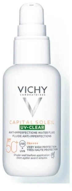 Vichy "Capital Soleil Uv Clear Fluide Anti Imperfections Spf50+" riebios odos apsauginis kremas nuo saulės su salicilo rūgštimi 40 ml