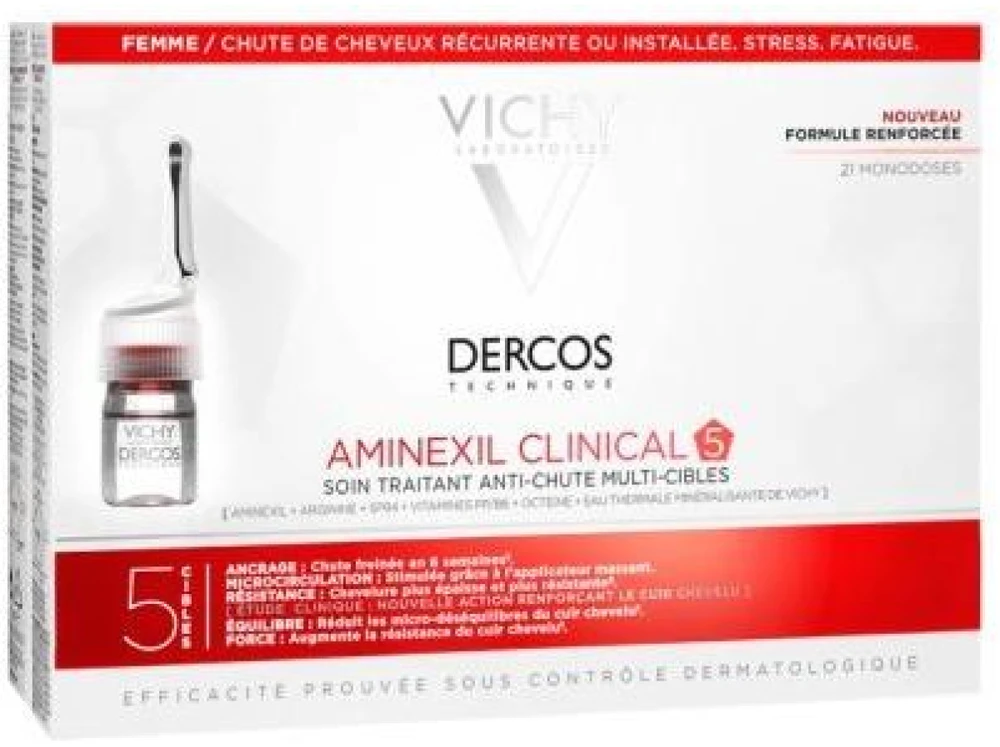 Vichy Dercos Aminexil Clinical 5, ampulės nuo plaukų slinkimo moterims, 21x6 ml