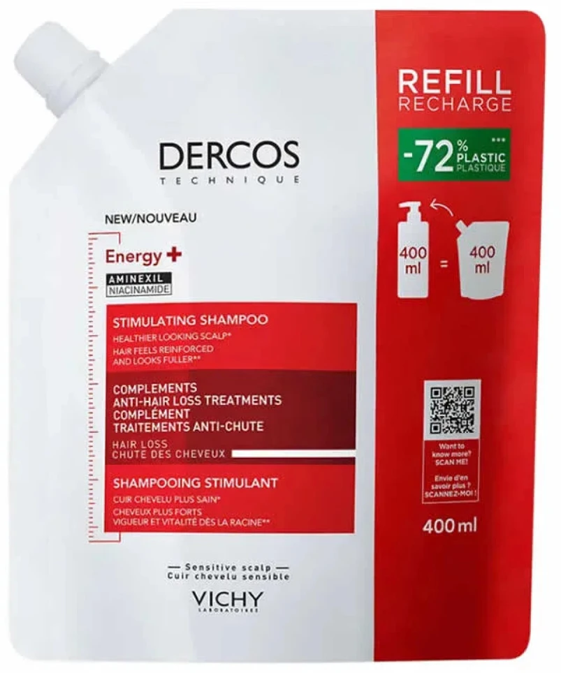Vichy Dercos Energy+ Stimulating Šampūnas Refill šampūno slenkantiems plaukams papildymas, 400 ml