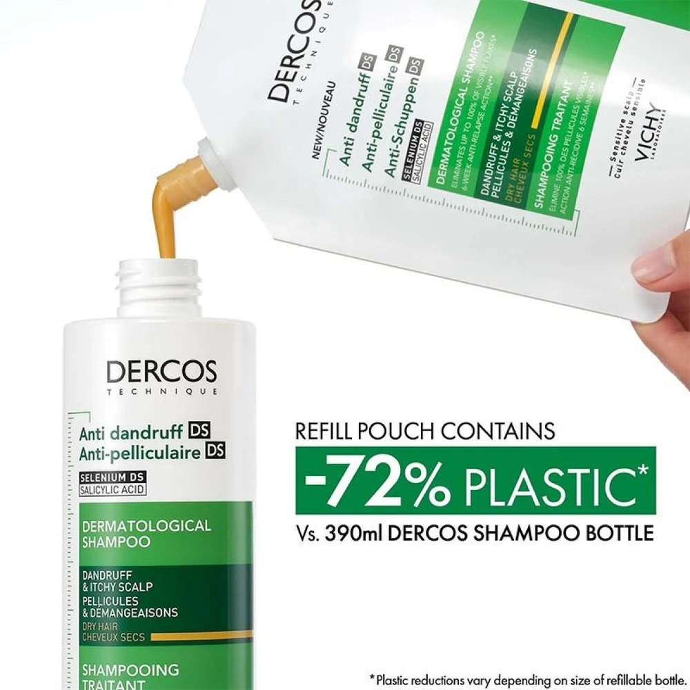 Vichy Dercos Nuo pleiskanų Dry Hair Dermatological Šampūnas Refill šampūno pleiskanojančiai, sausai galvos odai papildymas, 390 ml