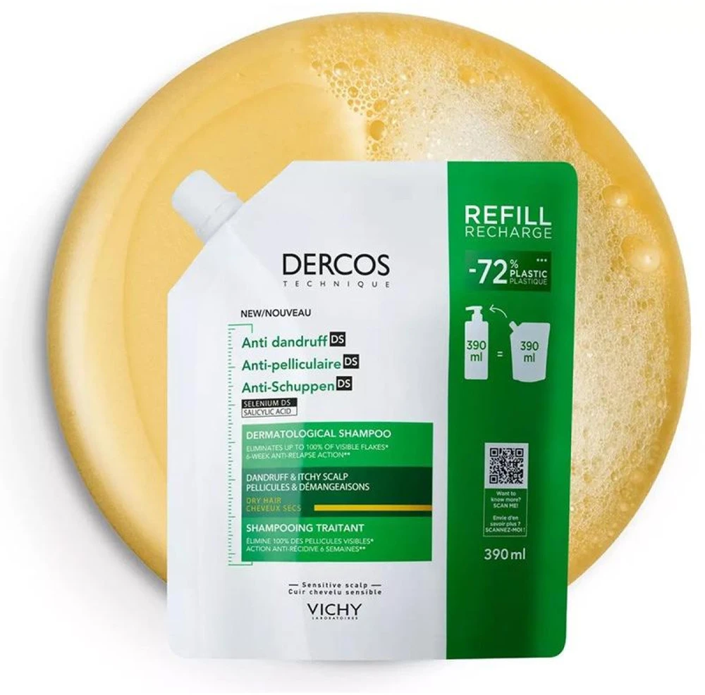 Vichy Dercos Nuo pleiskanų Dry Hair Dermatological Šampūnas Refill šampūno pleiskanojančiai, sausai galvos odai papildymas, 390 ml