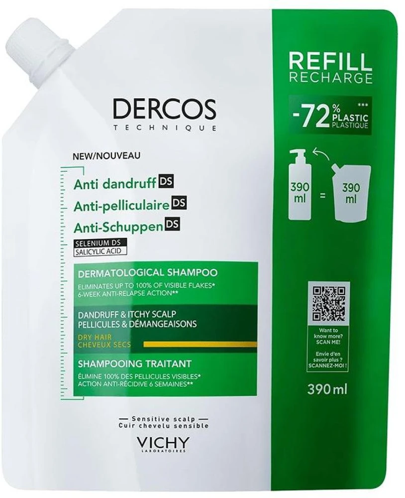 Vichy Dercos Nuo pleiskanų Dry Hair Dermatological Šampūnas Refill šampūno pleiskanojančiai, sausai galvos odai papildymas, 390 ml