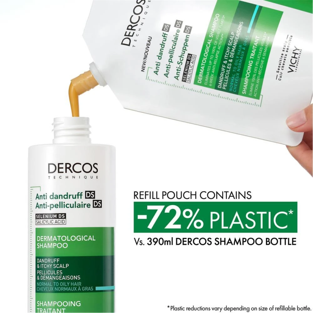 Vichy Dercos Nuo pleiskanų Normal To Oily Hair Dermatological Šampūnas Refill šampūno papildymas pleiskanojančiai, riebiai galvos odai, 390 ml
