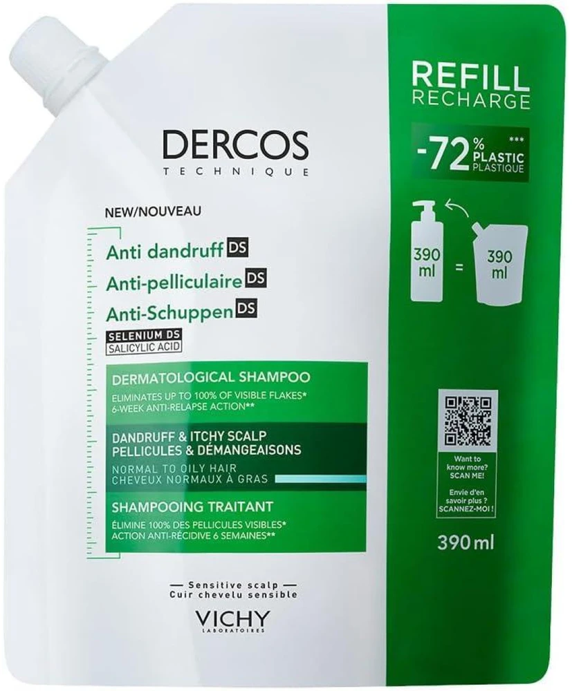 Vichy Dercos Nuo pleiskanų Normal To Oily Hair Dermatological Šampūnas Refill šampūno papildymas pleiskanojančiai, riebiai galvos odai, 390 ml