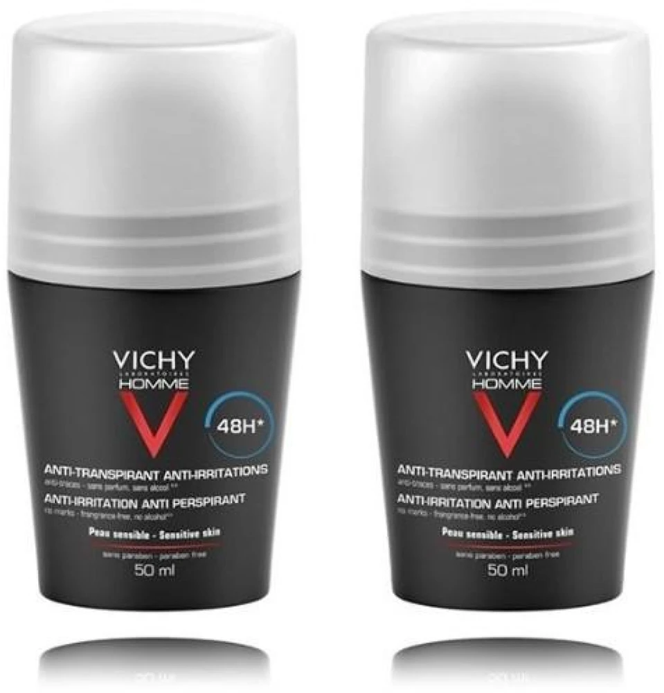 Rutulinis antiperspirantas vyrams Vichy Homme 48H Deo, ypač jautriai odai, bekvapis, 2 x 50 ml