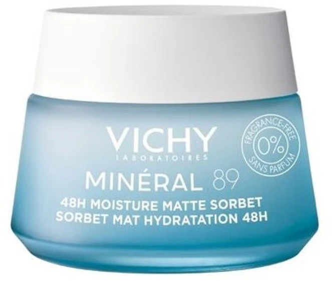 Vichy Minéral 89 48H Face Moisture Matte Sorbet drėkinantis veido gelis riebiai ir mišriai odai, 50 ml