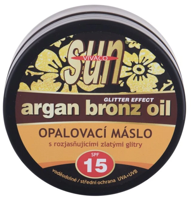 Vivaco Sun Argan Bronz Oil Glitter Effect SPF 15 kūno sviestas deginimuisi su švytinčiomis dalelėmis, 200 ml