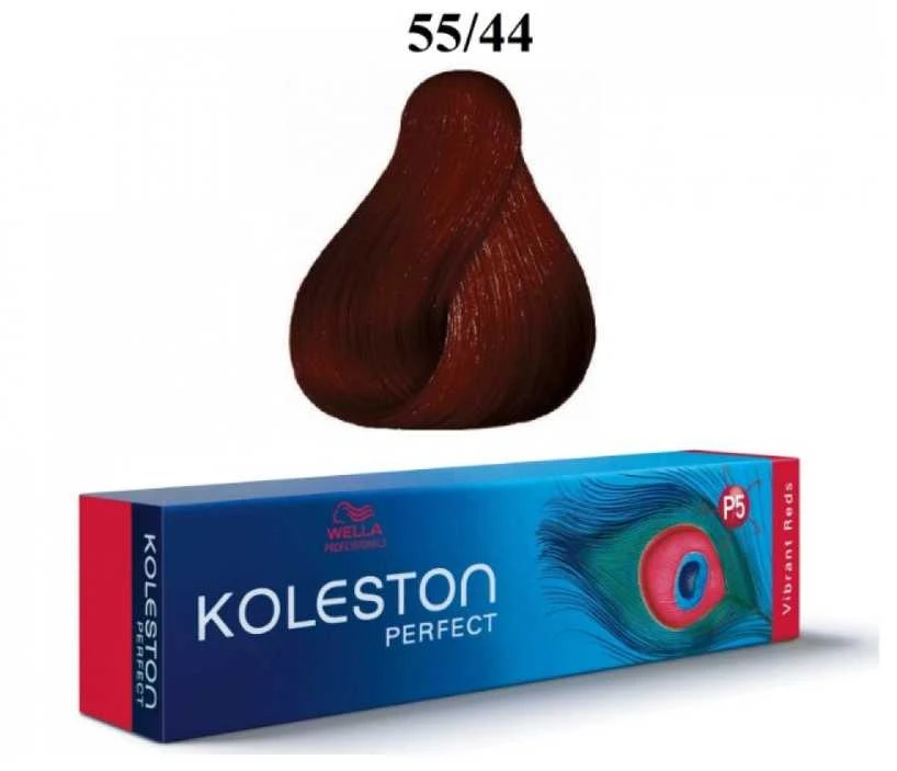 Wella Koleston 55/44 dažų pakuotė ir raudonos spalvos sruoga