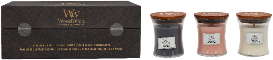 WoodWick Aromatinių žvakių rinkinys (Evening Onyx, Solar Ylang, Coastal Sunset), 3 x 85 g