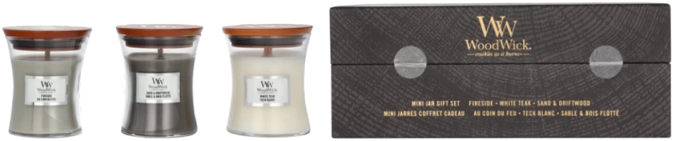 WoodWick Aromatinių žvakių rinkinys (Fireside, White Teak, Sand & Driftwood), 3 x 85 g