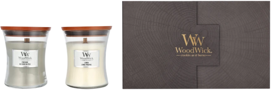 WoodWick Aromatinių žvakių rinkinys (Fireside, Linen), 2 x 275 g